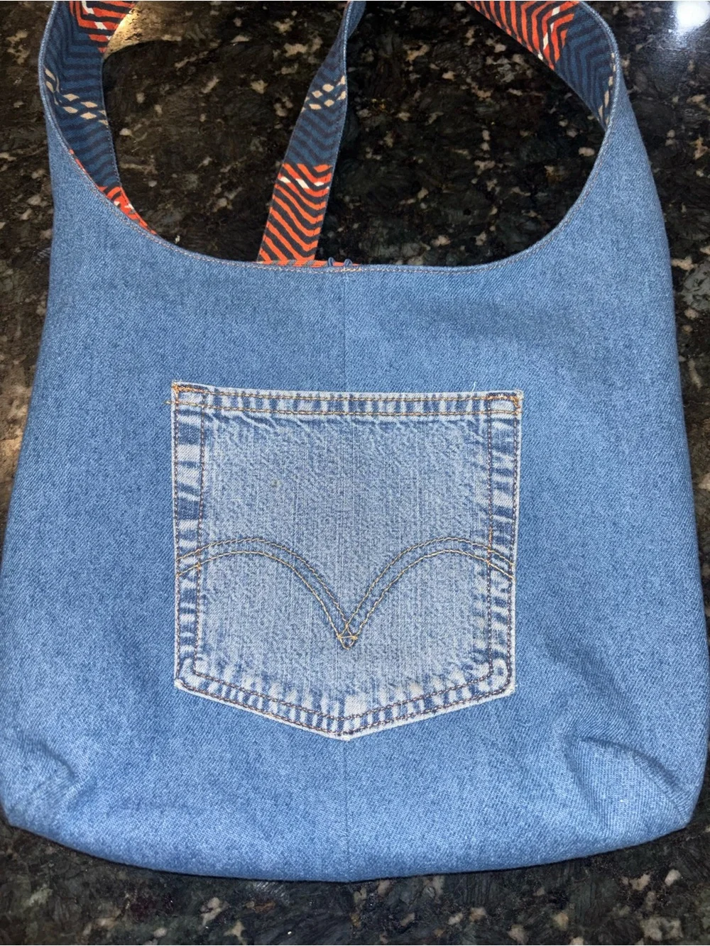 Reversible Handmade Denim & Plaid Crossbody Tote Bag travel reading